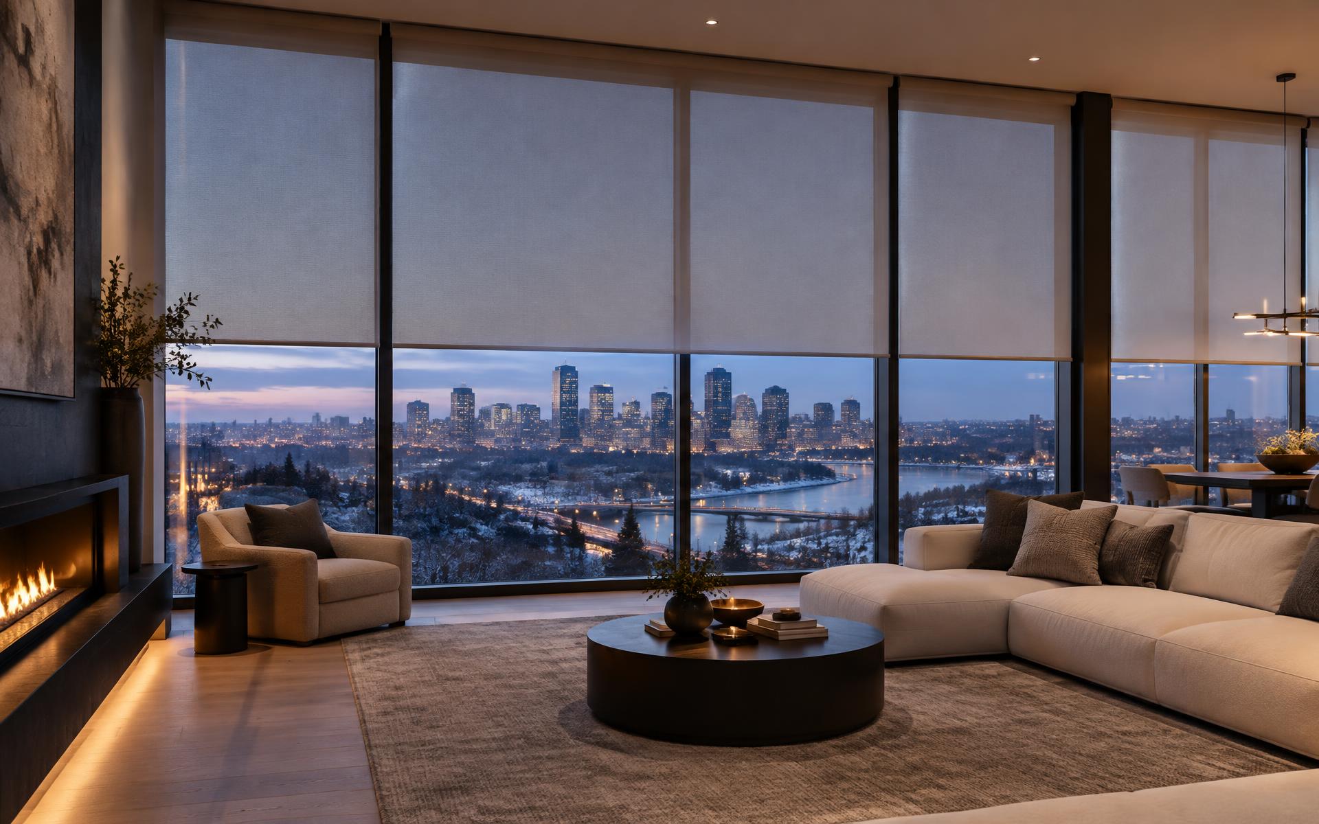 Custom roller blinds overlooking Edmonton at dusk